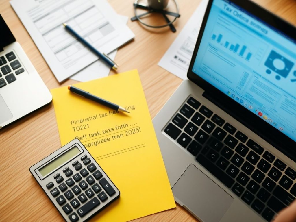 Spațiu de lucru cu calculatoare și documente fiscale.