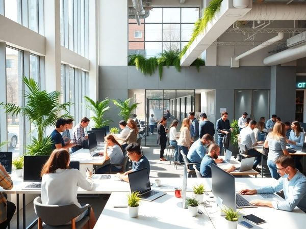 Oameni lucrează energic într-un spațiu modern de coworking.