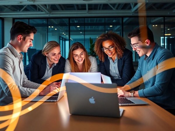 Echipă profesionistă implementând strategii eficiente de marketing online.
