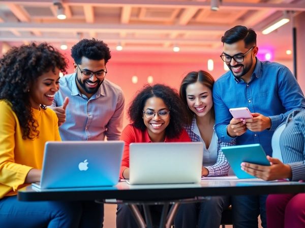 Scenă vibrantă de marketing digital cu profesioniști colaborează.