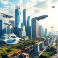 Oraș futurist cu tehnologie avansată și mediu verde.