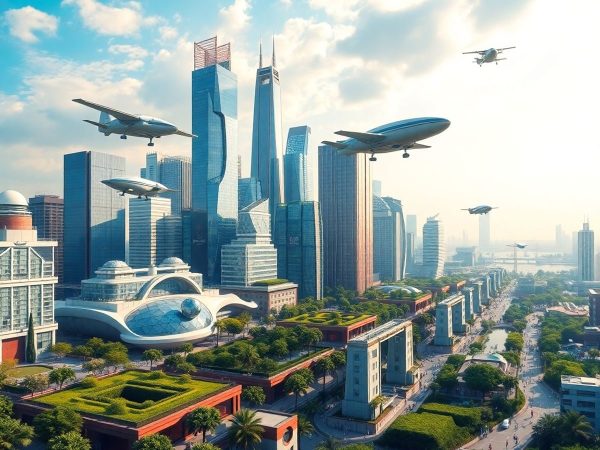 Oraș futurist cu tehnologie avansată și mediu verde.