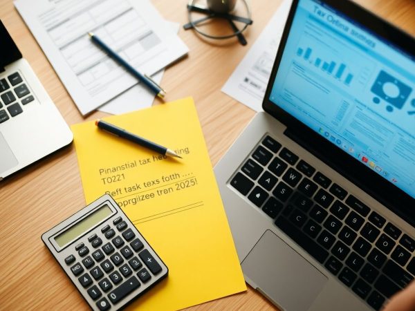 Spațiu de lucru cu calculatoare și documente fiscale.