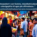 Oameni interacționând într-o scenă de piață vibrată.
