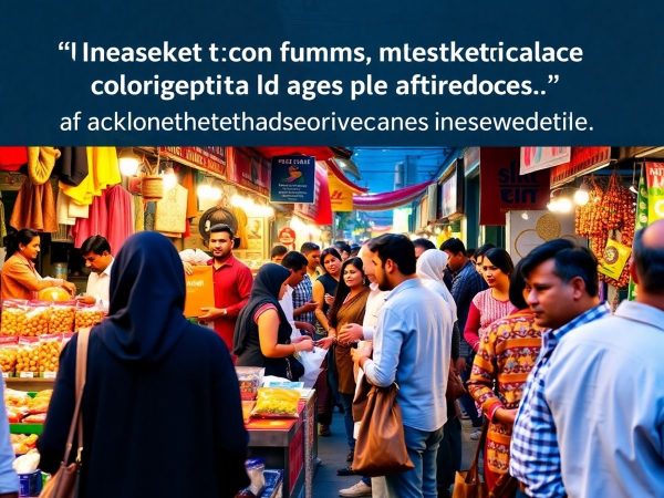 Oameni interacționând într-o scenă de piață vibrată.
