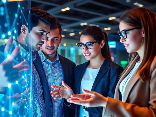 Lideri tineri învățând cu tehnologie futuristă.